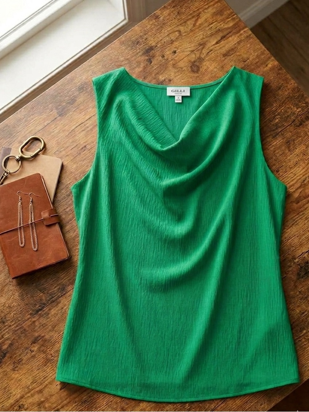 Gilli Green Sleeveless Draped Neck Camisole